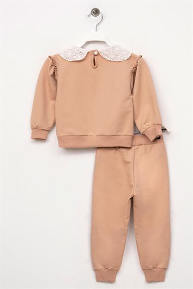 Bebe Yaka Uzun Kol Dantelli Omuz Fırfırlı Bej Renk Kız Çocuk Eşofman Takım