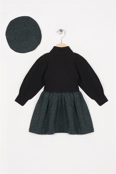 Yarım Balıkçı Yaka Uzun Kol Ayıcık Aksesuarlı Şapkalı Yeşil Renk Kız Çocuk Elbise