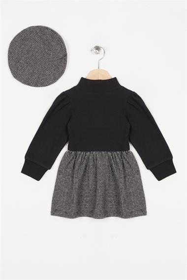 Yarım Balıkçı Yaka Uzun Kol Ayıcık Aksesuarlı Şapkalı Gri Renk Kız Çocuk Elbise