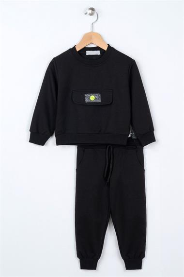 Bisiklet Yaka Uzun Kol Onu Sus Cep Kapaklı Siyah Renk Esofman Takım