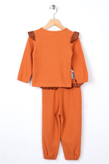 Bisiklet Yaka Uzun Kol Ceplı Kiremit Renk Kız Çocuk Esofman Takım