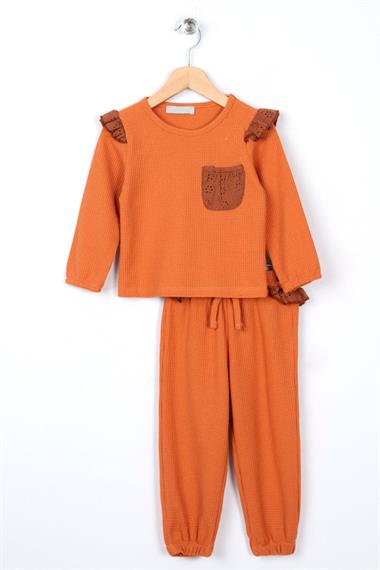 Bisiklet Yaka Uzun Kol Ceplı Kiremit Renk Kız Çocuk Esofman Takım