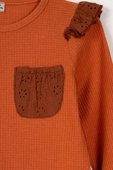 Bisiklet Yaka Uzun Kol Ceplı Kiremit Renk Kız Çocuk Esofman Takım