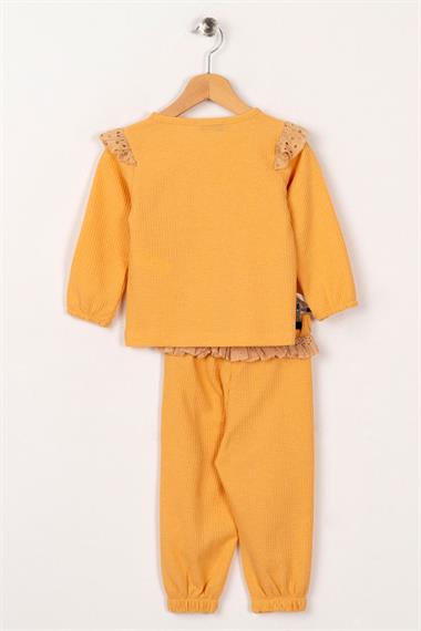 Bisiklet Yaka Uzun Kol Ceplı Hardal Renk Kız Çocuk Esofman Takım