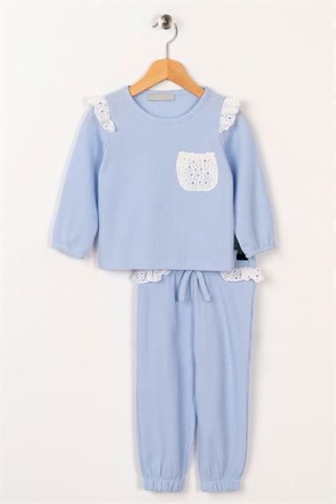 Bisiklet Yaka Uzun Kol Ceplı Bebe Mavisi Renk Kız Çocuk Esofman Takım