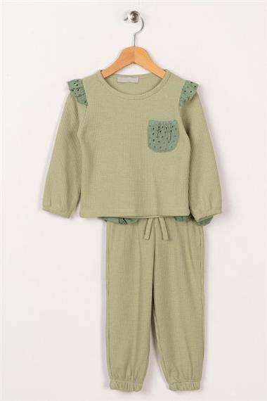 Bisiklet Yaka Uzun Kol Ceplı Cagla Yesil Renk Kız Çocuk Esofman Takım