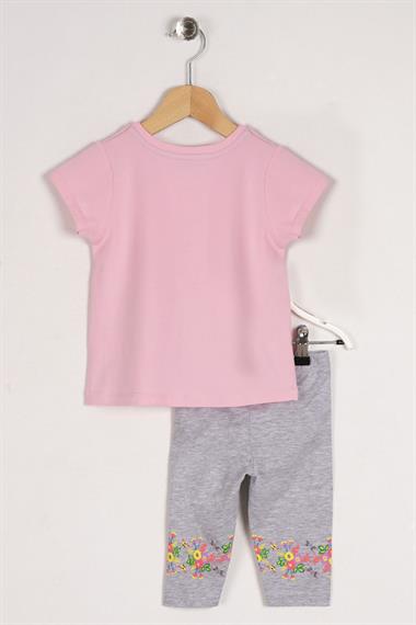 Bisiklet Yaka Yarım Kol Çiçek Baskılı Pembe Gri Renk Kız Çocuk Taytlı Takım