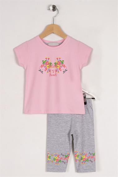 Bisiklet Yaka Yarım Kol Çiçek Baskılı Pembe Gri Renk Kız Çocuk Taytlı Takım