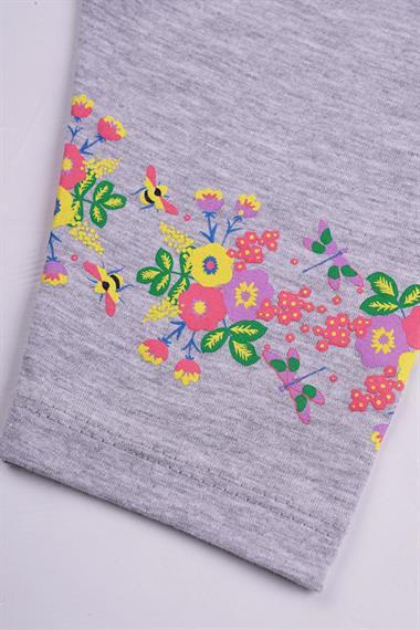 Bisiklet Yaka Yarım Kol Çiçek Baskılı Pembe Gri Renk Kız Çocuk Taytlı Takım