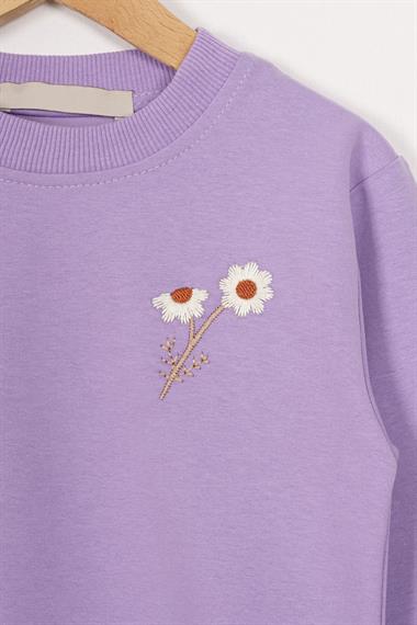 Bisiklet Yaka Uzun Kol Papatya Nakışlı Lila Renk Kız Çocuk Eşofman Takım