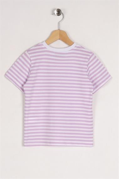 Bisiklet Yaka Kısa Kol Çizgili Lila Renk Tshirt