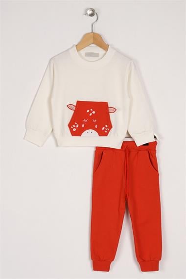Bisiklet Yaka Uzun Kol Kanguru Baskılı Ekru Renk Kız Çocuk İkili Takım