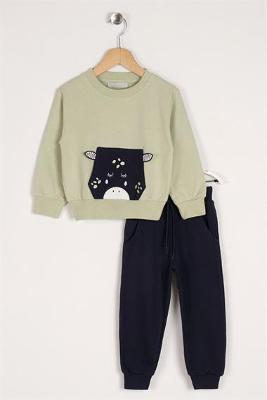 Bisiklet Yaka Uzun Kol Kanguru Baskılı Su Yeşil Renk Kız Çocuk İkili Takım