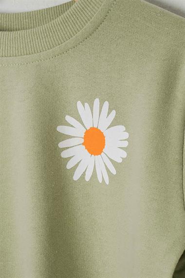 Bisiklet Yaka Uzun Kol Çiçek Desenli Su Yeşili Renk Kız Çocuk Eşofman Takım