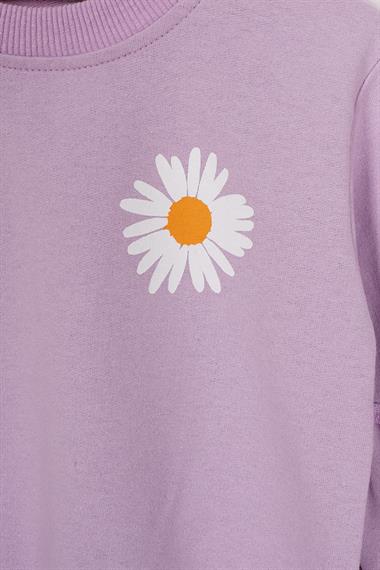 Bisiklet Yaka Uzun Kol Çiçek Desenli Lila Renk Kız Çocuk Eşofman Takım