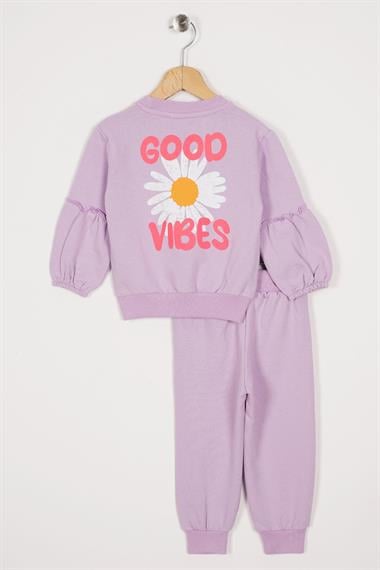 Bisiklet Yaka Uzun Kol Çiçek Desenli Lila Renk Kız Çocuk Eşofman Takım