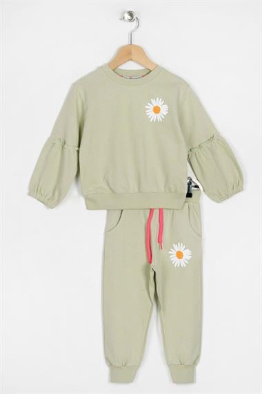 Bisiklet Yaka Uzun Kol Çiçek Desenli Su Yeşili Renk Kız Çocuk Eşofman Takım