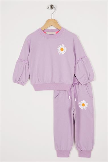 Bisiklet Yaka Uzun Kol Çiçek Desenli Lila Renk Kız Çocuk Eşofman Takım