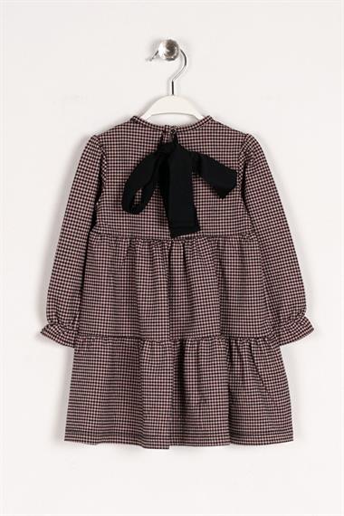 Bisiklet Yaka Uzun Kol Pötikare Arka Kurdele Detaylı Somon Renk Kız Çocuk Elbise