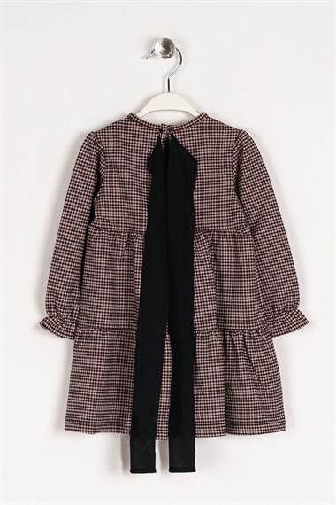 Bisiklet Yaka Uzun Kol Pötikare Arka Kurdele Detaylı Somon Renk Kız Çocuk Elbise