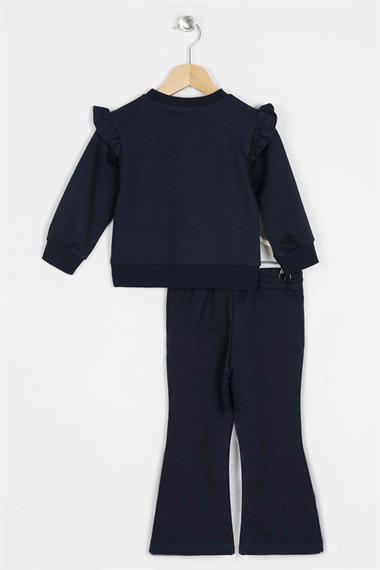 Bisiklet Yaka Uzun Kol Cıcek Nakıs Baskılı Lacivert Renk Kız Çocuk Ikılı Takım