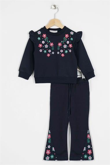 Bisiklet Yaka Uzun Kol Cıcek Nakıs Baskılı Lacivert Renk Kız Çocuk Ikılı Takım