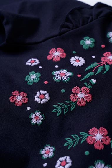 Bisiklet Yaka Uzun Kol Cıcek Nakıs Baskılı Lacivert Renk Kız Çocuk Ikılı Takım