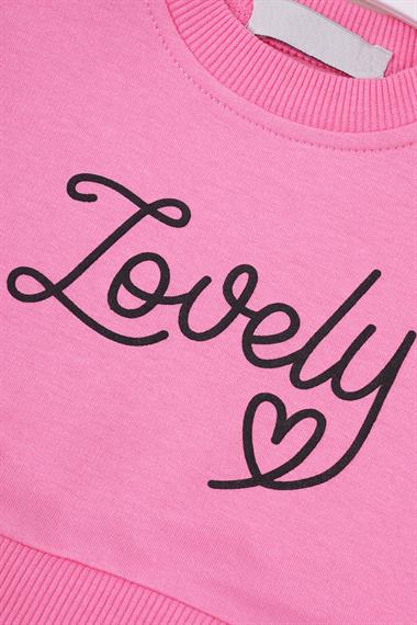 Bisiklet Yaka Uzun Kol Lovely Baskılı Eteği Ekose Koyu Pembe Renk Kız Çocuk Elbise