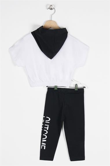 Kapüşonlu Kısa Kol Outcome Baskılı Beli Lastikli Beyaz Renk Kız Çocuk Taytlı Takım
