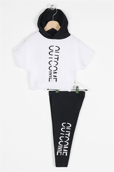 Kapüşonlu Kısa Kol Outcome Baskılı Beli Lastikli Beyaz Renk Kız Çocuk Taytlı Takım