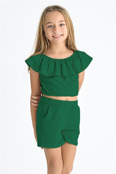 Kayıkçı Yaka Omuz Detaylı Fırfır Kollu Beli Lastikli Cep Detaylı Yeşil Renk Kız Çocuk Şortlu Takım