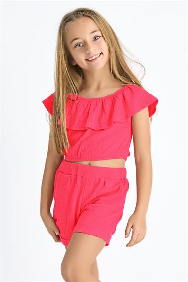 Kayıkçı Yaka Omuz Detaylı Fırfır Kollu Beli Lastikli Cep Detaylı Fuşya Renk Kız Çocuk Şortlu Takım