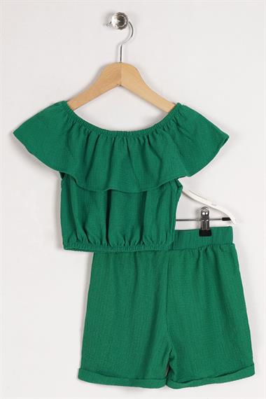 Kayıkçı Yaka Omuz Detaylı Fırfır Kollu Beli Lastikli Cep Detaylı Yeşil Renk Kız Çocuk Şortlu Takım