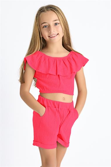 Kayıkçı Yaka Omuz Detaylı Fırfır Kollu Beli Lastikli Cep Detaylı Fuşya Renk Kız Çocuk Şortlu Takım