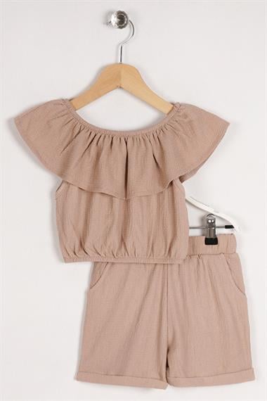 Kayıkçı Yaka Omuz Detaylı Fırfır Kollu Beli Lastikli Cep Detaylı Bej Renk Kız Çocuk Şortlu Takım