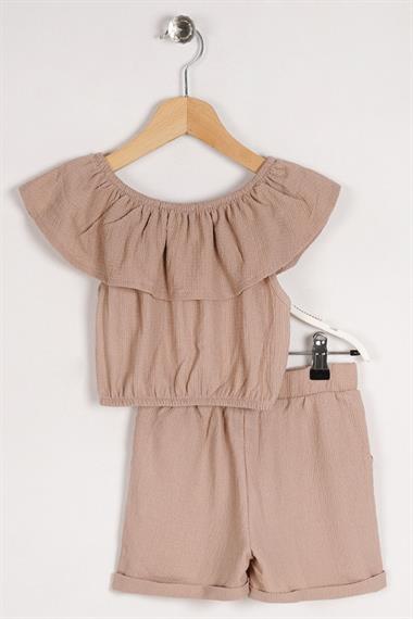 Kayıkçı Yaka Omuz Detaylı Fırfır Kollu Beli Lastikli Cep Detaylı Bej Renk Kız Çocuk Şortlu Takım
