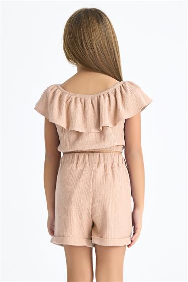 Kayıkçı Yaka Omuz Detaylı Fırfır Kollu Beli Lastikli Cep Detaylı Bej Renk Kız Çocuk Şortlu Takım