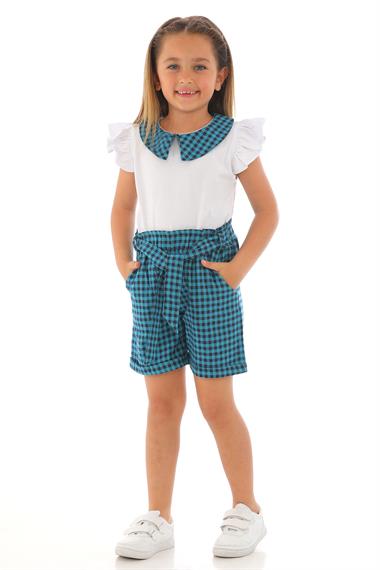 Bebe Yaka Fırfır Kol Saks Renk Kız Çocuk Şortlu Takım