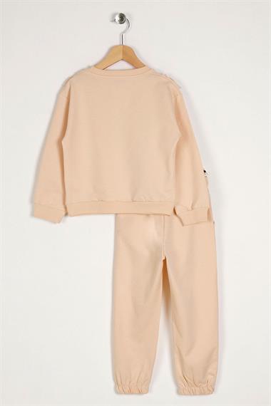  Bisiklet Yaka Uzun Kol Fırfır Detaylı Bej Renk Kız Çocuk İkili Takım
