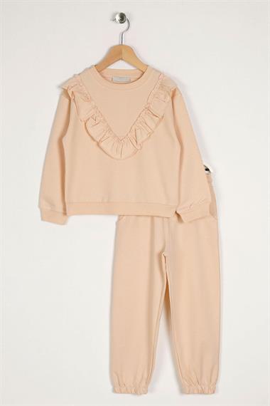  Bisiklet Yaka Uzun Kol Fırfır Detaylı Bej Renk Kız Çocuk İkili Takım
