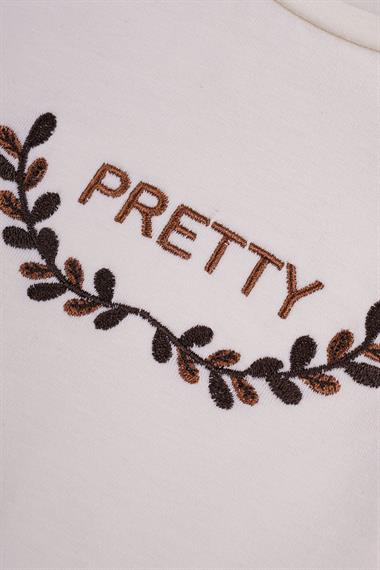 Bisiklet Yaka Kısa Kol Pretty Baskılı Yanları Bağlamalı Ekru Kahve Renk Kız Çocuk İkili Takım