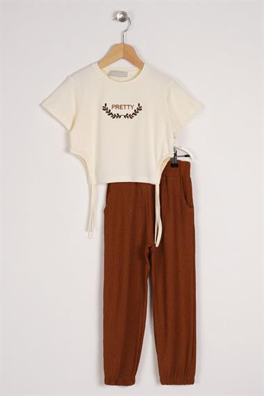 Bisiklet Yaka Kısa Kol Pretty Baskılı Yanları Bağlamalı Ekru Kahve Renk Kız Çocuk İkili Takım
