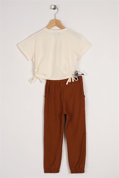 Bisiklet Yaka Kısa Kol Pretty Baskılı Yanları Bağlamalı Ekru Kahve Renk Kız Çocuk İkili Takım