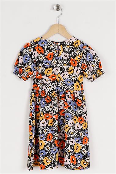 Bisiklet Yaka Kısa Kol Çiçek Desenli Oranj Renk Kız Çocuk Elbise