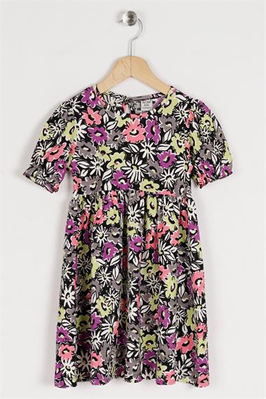 Bisiklet Yaka Kısa Kol Çiçek Desenli Yeşil Renk Kız Çocuk Elbise