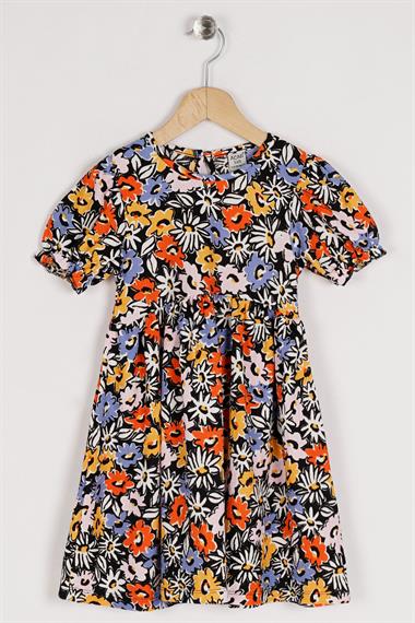 Bisiklet Yaka Kısa Kol Çiçek Desenli Oranj Renk Kız Çocuk Elbise