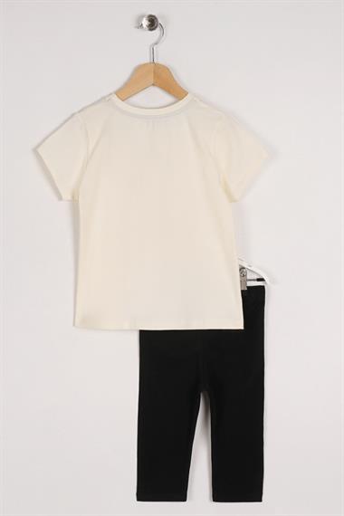 Bisiklet Yaka Kısa Kol Enjoy Your Lıve Yazılı Ekru Siyah Renk Kız Çocuk Taytlı Takım