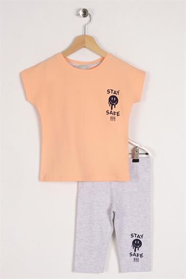 Bisiklet Yaka Kısa Kol Stay Safe Baskılı Oranj Karamela Renk Kız Çocuk Taytlı Takım