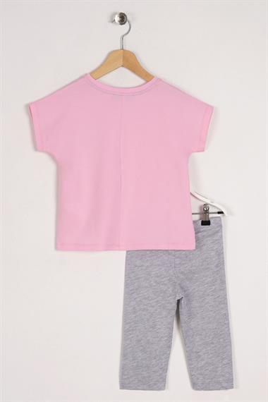 Bisiklet Yaka Kısa Kol Stay Safe Baskılı Pembe Gri Renk Kız Çocuk Taytlı Takım