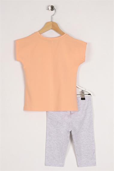 Bisiklet Yaka Kısa Kol Stay Safe Baskılı Oranj Karamela Renk Kız Çocuk Taytlı Takım